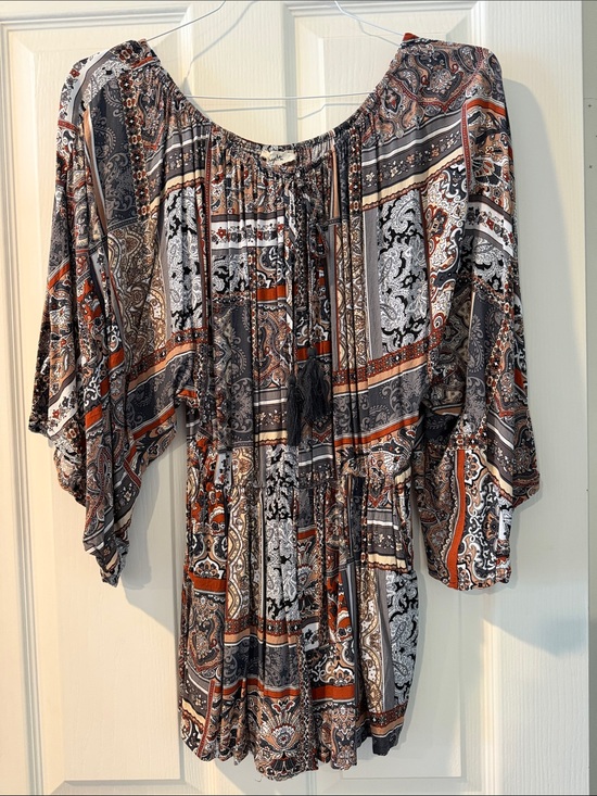 Kye Mi Dresses & Skirts - Paisley Peasant Tunic romper in Rust, Black & Cream
